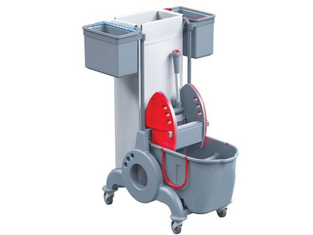 Wózek serwisowy do sprzątania, jednowiadrowy,  wiadro dwukomorowe 15 l + 10 l, dwa wiaderka serwisowe 7 l,  uchwyt na worek 90 l, worek z tworzywa sztucznego